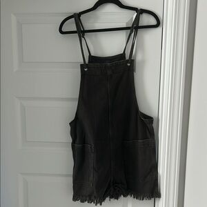 Aerie Black Denim Overalls with Frayed Hem